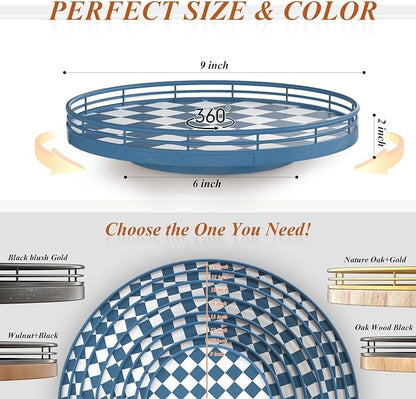 Blue and White Checkerboard Lazy Susan with Rubberwood Base and Metal Rail | Smooth rotating oak tray with walnut finish for dining tables, kitchen counters, pantries and cabinet storage.