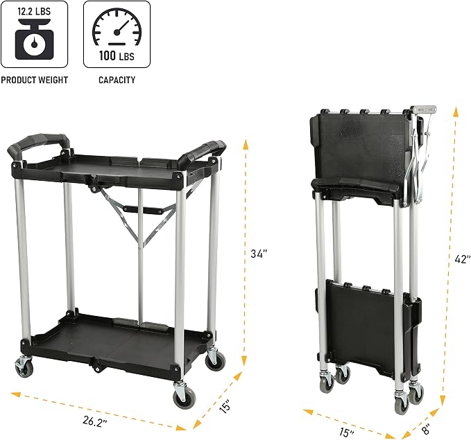 Olympia Tools 89-356 Pack-N-Roll Folding Collapsible Service Cart, Black, 50 Lb. Load Capacity per Shelf, 2-Layers