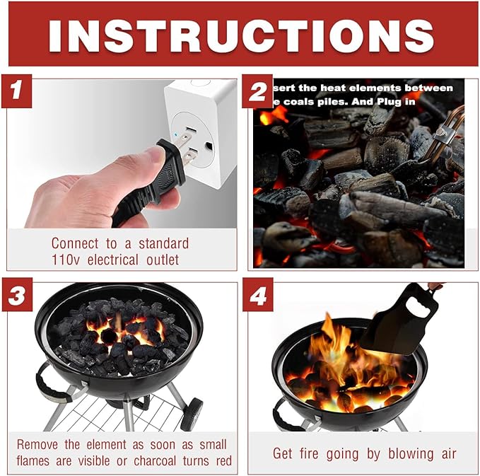 Electric Charcoal Starter Lighter for Grill – 700W Fire Lighter for BBQ Grill Fireplace Smoker Campfires Coal Quick Ignite Briquettes | Stainless 304 Steel Heat Element Coils with 5ft Power Cord