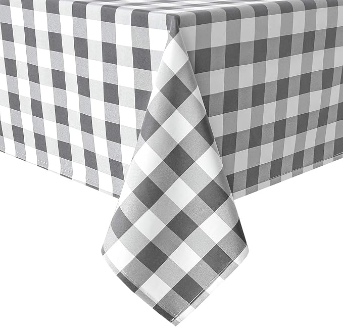 Hiasan Checkered Tablecloth Rectangle - Satin Resistant, Waterproof and Washable Gingham Table Cloth for 6 Foot Table, 60 x 84 Inch, Grey and White