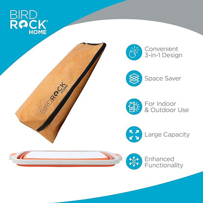 BIRDROCK HOME Collapsible Large BBQ Prep Tub & BBQ Resting Bag - Multi-Function Grill Caddy w/Colander & Lid, Portable Silicone Dish Bowl for Picnic, Tailgate, Camping - Orange & Brown