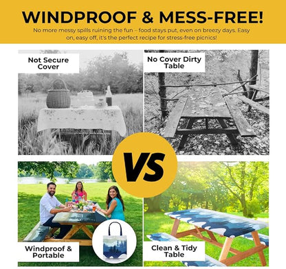 6ft Polyester Picnic Table Cover with Bench Covers Tablecloth Mountain View | Polyester Picnic Table Cover Windproof & Waterproof, Perfect for Camping Gifts & RV Essentials, Cool Camping Gadgets with bag