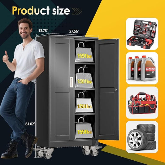 PAOFIN 61''H Metal Garage Storage Cabinet with Wheels,Steel File Cabinets with 2 Doors and 3 Adjustable Shelves for Home Office, Warehouse, Required Assembly,Black