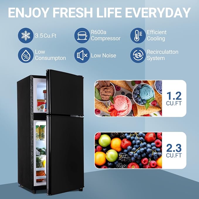 Dorm Fridge with Freezer Small Refrigerator 3.5 Cu. Ft. 7-Level Temperature | Mini Fridge with Freezer for Apartment, 7 Temperature Adjustable Apartment Size Fridge for Kichen, College, RV, Office, Black