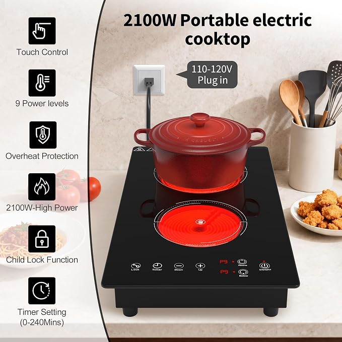 VBGK Electric Cooktop,110V 2100W Electric Stove Top with LED touch Control,9 Power Levels, Kids Lock & 4H Timer,Overheat Protection stove,12 Inch 2 burner cooktop