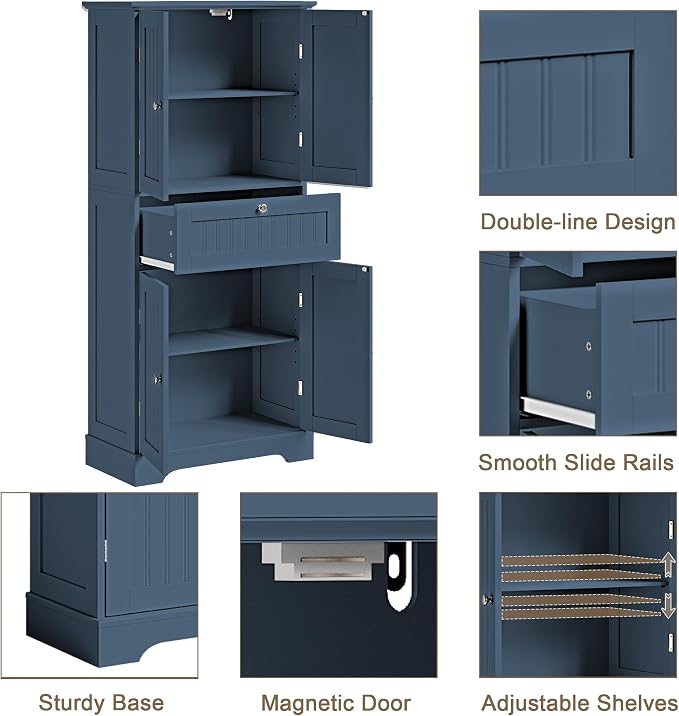 ChooChoo 51" H Bathroom Floor Cabinet with Drawers and Adjustable Shelves | Bathroom Storage Cabinet, Freestanding Kitchen Pantry Cupboard with 4 Doors for Living Room, Blue