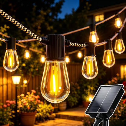 Solar String Lights Outdoor, 31FT Braided Cord, 20 Edison LED Bulbs, Remote | USB Charging, 8 Modes, 4 Brightness Levels, Timer, 15-20H Runtime, 2200K Warm Glow, IP44 for Patio, Gazebo, Cafe and Camping