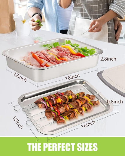 Grill Prep Trays Set Of 5,BBQ Tray,Grilling Prep And Serve Trays,Stainless Steel Food Prep Tray,Grill Carry System,Marinade Container with Lid and Cutting Board,BBQ Grill Accessories,Grilling Gifts
