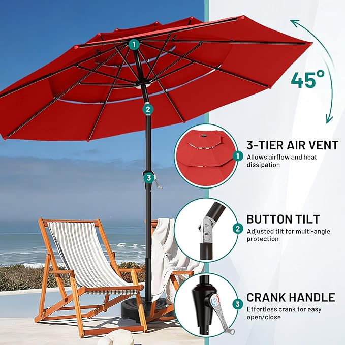 AreShark 9ft 3-Tier Patio Umbrellas, Outdoor Umbrella with 8 Sturdy Ribs UV Protection Windproof, Market Table Umbrella w/Push Button Tilt & Crank for Pool, Porch, Deck, Garden(Red)