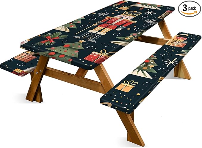 Christmas Picnic Table Cover with Bench Cover, Outdoor Picnic Table Elastic Tablecloth, Walnut Clip and Gift Box Design, Durable Tablecloth for Camping, Barbecue and Coliday Parties.