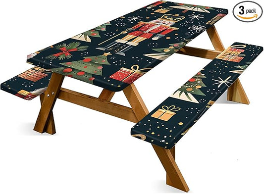 Christmas Picnic Table Cover with Bench Cover, Outdoor Picnic Table Elastic Tablecloth, Walnut Clip and Gift Box Design, Durable Tablecloth for Camping, Barbecue and Coliday Parties.