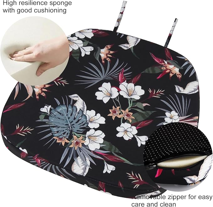 GUEGLSA Outdoor Waterproof Seat Cushions 14x14 inch, Non Slip Metal Chair Pad with Ties, U Shaped Metal Chair Cushion for Kitchen Dining Patio Chair, Set of 2, White Flower