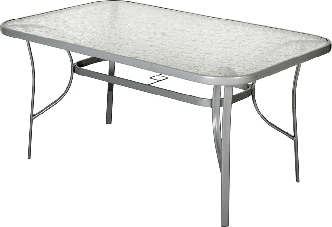 Flash Furniture Commercial Grade 35x59 in Steel Rectangular Table, Silver | Umbrella Hole, Tempered Glass