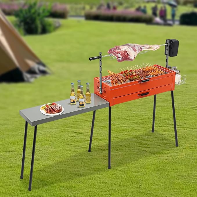 Portable Charcoal Grill Stainless Steel Barbecue Grill Camping Barbecue Grill with Detachable Table for Outdoor Cooking Camping Hiking Picnics(Orange, Silver, Black)