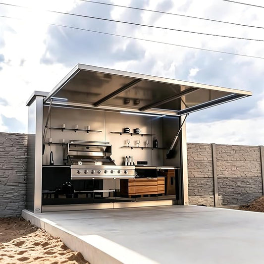 Prefab Outdoor Kitchen Pod, Luxury Modular Kitchen Island with Roof, Sink, Grill, Storage Cabinet, Burners, Refrigerator, Backyard Patio Cooking Station