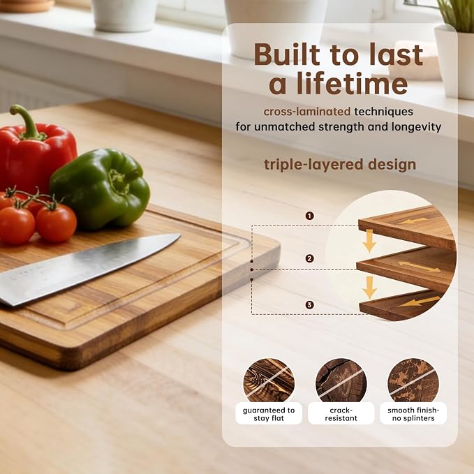 3 Pack Bamboo Cutting Boards Set for Kitchen | Chopping Boards with Deep Juice Groove, Thick Wooden Cutting Board for Meat, Vegetables & BBQ Prep