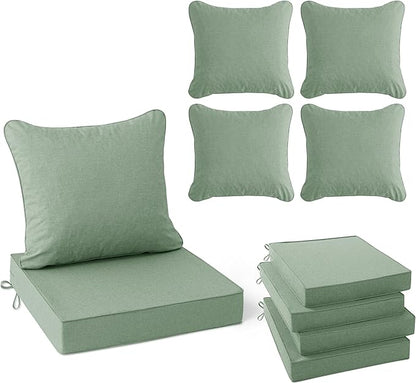 Summsun Outdoor Cushions for Patio Furniture, Faux Linen Water Resistant Backrest and Deep Seat Cushion Set with Removable Cover, Ties, Non-Slip Bottom, 22 x 22 Inch, Sage Green, Set of 4