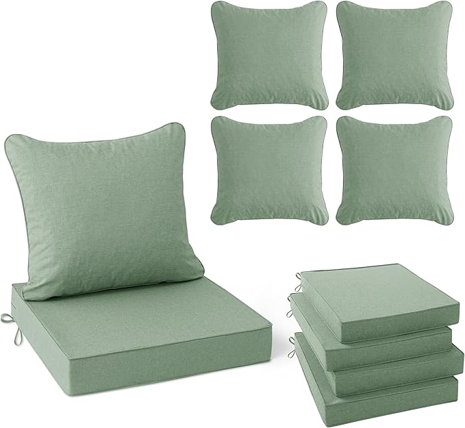 Summsun Outdoor Cushions for Patio Furniture, Faux Linen Water Resistant Backrest and Deep Seat Cushion Set with Removable Cover, Straps, Non-Slip Bottom, 24 x 24 Inch, Sage Green, Set of 4