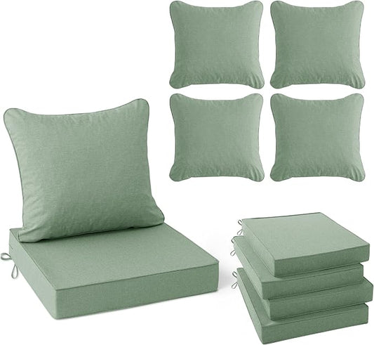 Summsun Outdoor Cushions for Patio Furniture, Faux Linen Water Resistant Backrest and Seat Cushion Set with Removable Cover, Ties, Non-Slip Bottom, 19 x 19 Inch, Sage Green, Set of 4