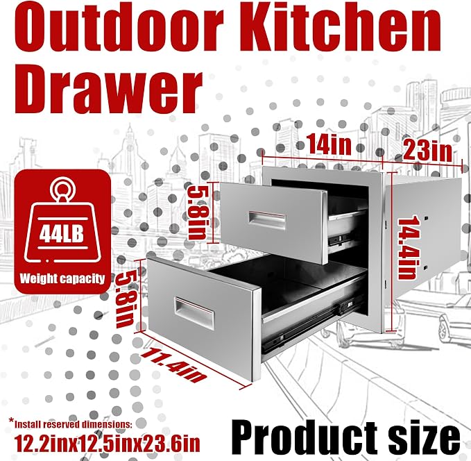Outdoor Kitchen Double Layer Drawer 14'' W x 14.4'' H x 23'' D Flush Mount BBQ Access Drawers Stainless Steel BBQ Island Drawers with Handle Suitable for Outdoor Kitchen Island Grill Station