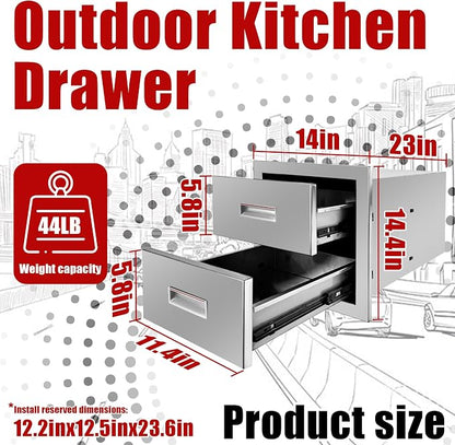 Outdoor Kitchen Double Layer Drawer 14'' W x 14.4'' H x 23'' D Flush Mount BBQ Access Drawers Stainless Steel BBQ Island Drawers with Handle Suitable for Outdoor Kitchen Island Grill Station