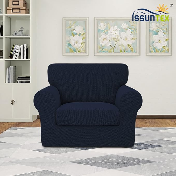 ISSUNTEX 2 Pieces High Stretch Thicken Chair Couch Covers, Soft Sofa Slipcover for 1 Separate Cushion Couch, Jacquard Fabric Elastic Sofa Cover Furniture Protector for Dogs (Chair, Navy)