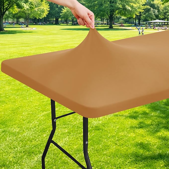 Moosfor Spandex 6 Foot Rectangle Table Cloth, Elastic Fitted Tablecloths for Picnic, Stretch Washable Patio Table Cover for Outdoor, Camping, Banquet and Parties (Camel, 30"x72")