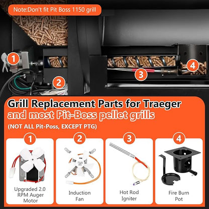 Upgraded 2.0 RPM Auger Motor, Fire Burn Pot and Hot Rod Ignitor, Grill Induction Fan for Traeger and Pit Boss Pellet Grill, Fire Pot Replacement for Traeger Parts Replacement, with Ash Remover, Screws