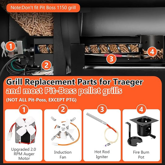 Upgraded 2.0 RPM Auger Motor, Fire Burn Pot and Hot Rod Ignitor, Grill Induction Fan for Traeger and Pit Boss Pellet Grill, Fire Pot Replacement for Traeger Parts Replacement, with Ash Remover, Screws