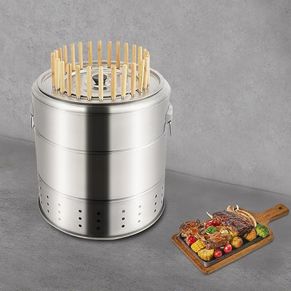 Charcoal Barrel BBQ Grill, Stainless Steel BBQ Hanging Stove, Portable BBQ Grill Mesh Barrel with Grilling Accessories Set for Vegetables and Meat Carbon Vertical Barbecue (28 Skewers)