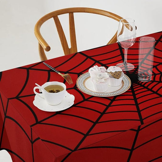 Spider Web Hero Tablecloth, Black Spiderweb Red Cobweb Circle Water Resistant Wipeable Table Cover for Picnic Party Holiday Kitchen Dinner Table 55"x75"