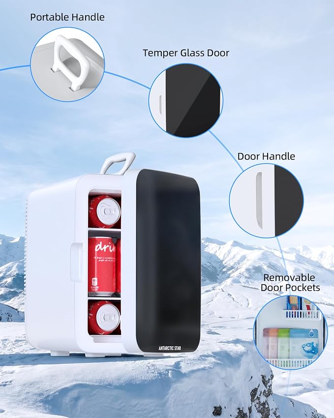 Antarctic Star Mini Personal Fridge Cooler, 10L Portable Compact Refrigerator, 2.6 Gal Small Cooler with AC/DC Adapters for Beverages, Food, Skincare, Bedroom, Office, Dorm Room, or Cabin, White