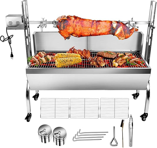 Rotisserie Grill Charcoal Spit Roaster, Stainless Steel 48.6" Pig Lamb Hooded Roaster Charcoal Spit With 25W Motor & Adjustable Height Lockable Casters For Party Barbecue,176 LBS With Baffle