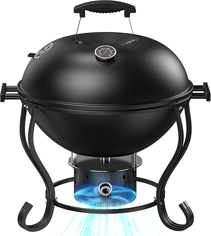 18 Inch Portable Charcoal Grill with Adjustable Fan, Outdoor BBQ Fire Pit, Easy to Light Charcoal/Wood, Small Round Kettle Smoker for Backyard Cooking, Barbeque, Camping, Black