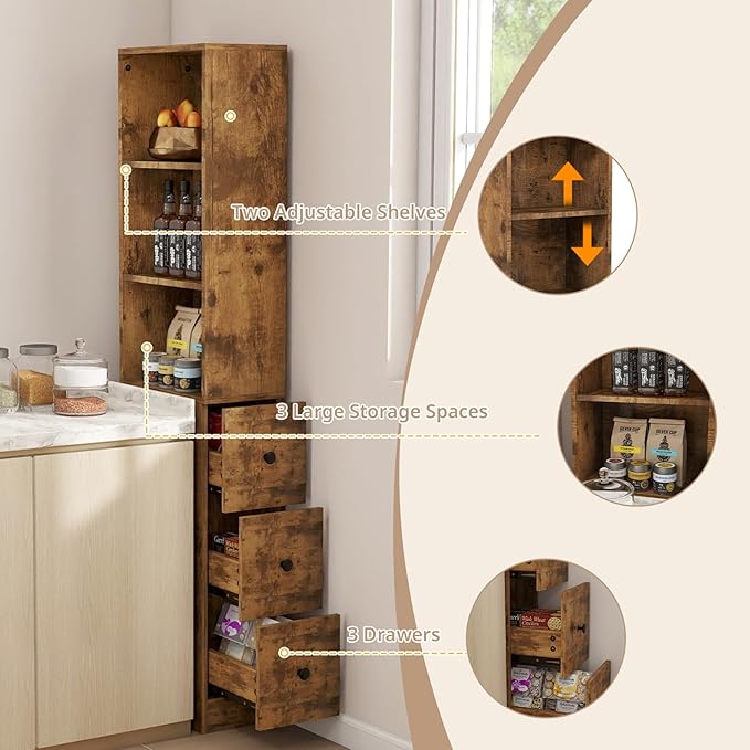 ARTETHYS Storage Cabinet Tall Narrow Bathroom Organizer with 3-Level Adjustable Shelves Slim Free Standing Space Saver for Living Room Kitchen, Rustic