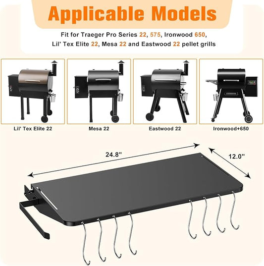 Folding Shelf for Traeger Pellet Grills, BAC362 Pellet Front Shelf with Hooks and Paper Towel Holder for Traeger Pro 22, Pro 575, Eastwood 22, Ironwood 650 and Century 22 Series Pellet Grill