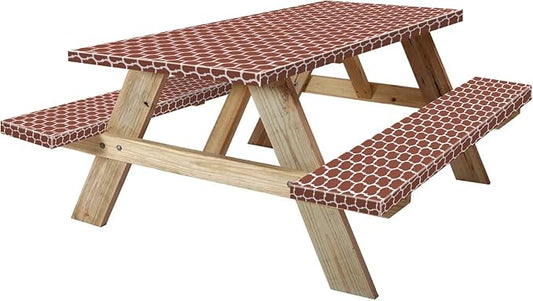 8ft 96" Picnic Table and Bench Cover, 3 Pack, Coffee-White Moroccan | Waterproof, Windproof, Elastic Fitted Edges Tablecloth, for Rectangle Table & Seat, Camping Essentials RV Gear