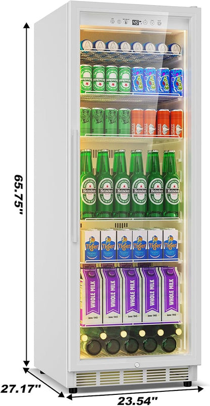 Velivi Commercial Display Beverage Fridge: 13.8 Cu Ft Upright Cooler with Glass Door, LED Lighting, Low Noise, and Rapid Cooling for Restaurants, Shops, and Offices (White)