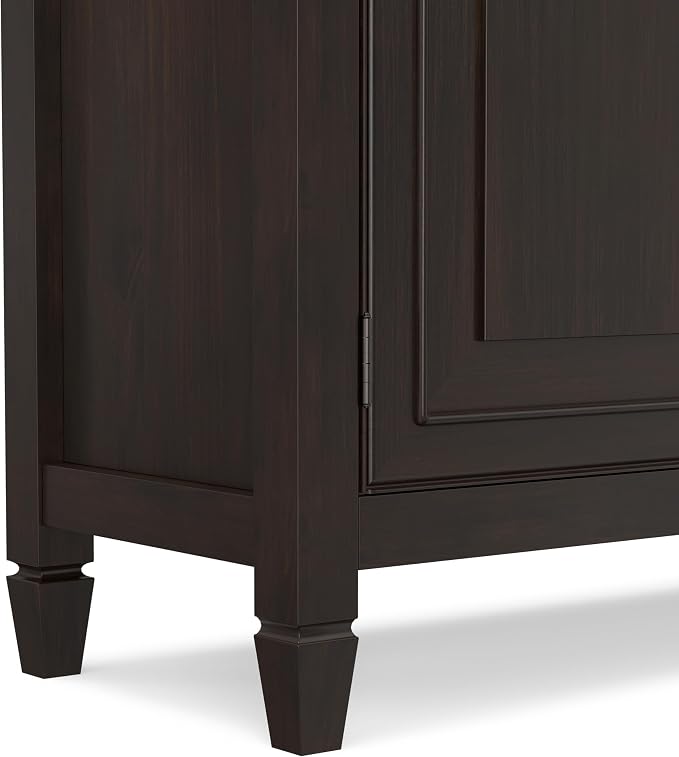 SIMPLIHOME Connaught 51" Solid Wood Cabinet in Chestnut Brown | Traditional space-saving entryway or mudroom cabinet with 3 drawers and adjustable shelves for organized household storage.