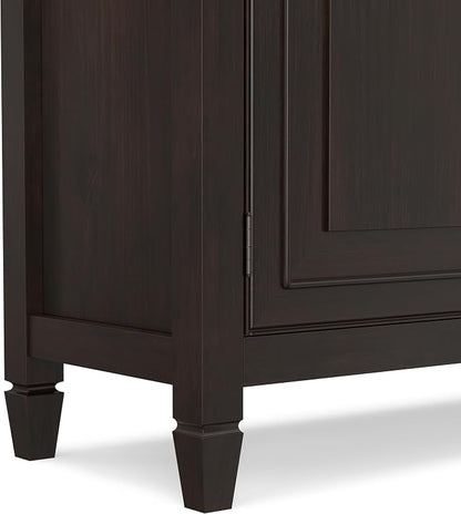 SIMPLIHOME Connaught 51" Solid Wood Cabinet in Chestnut Brown | Traditional space-saving entryway or mudroom cabinet with 3 drawers and adjustable shelves for organized household storage.