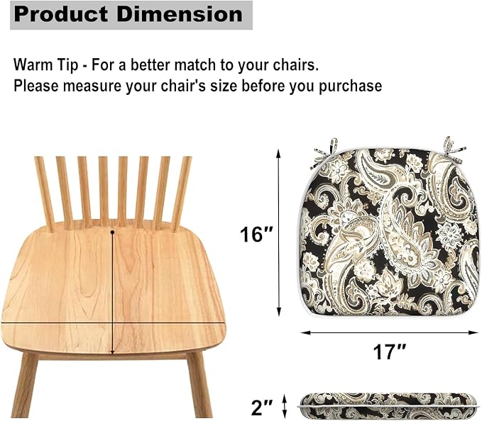 DYTXIII Set of 4 Outdoor Chair Cushions with Ties,Water Repellent Patio Chair Pads 17"x 16" for Outdoor Furniture,Round Corner Seat Cushions for Garden Yard Kitchen Paisley Black
