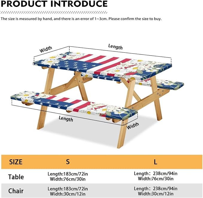 3 PCS Fitted Picnic Table Cover with Bench Cover Fitted Rectangle Tables and Seats Memorial Day Flag Outdoor Picnic Table Cover for Camping
