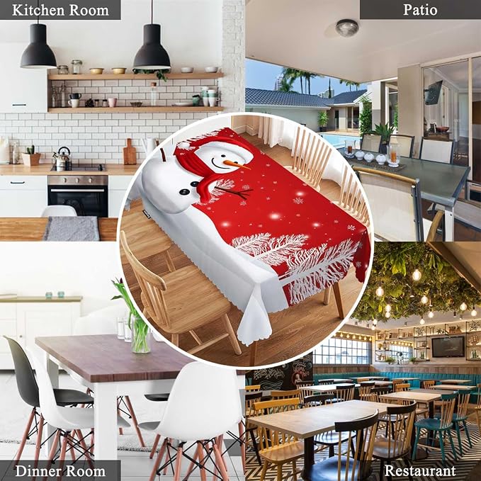 Swono Snowman Table Cloth Christmas Snowman Snowflake Winter Red Rectangle Tablecloth Picnic Tablecloth BBQ Table Cloths Polyester for Kitchen 50x72 Inch