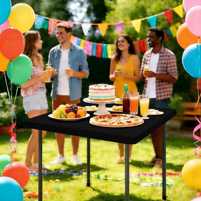 Smiry Rectangle Tablecloth, Elastic Fitted Flannel Backed Vinyl Tablecloths for 3ft Folding Tables, Waterproof Wipeable Table Covers for Indoor, Outdoor, Camping and Picnic (Black, 34"x34")