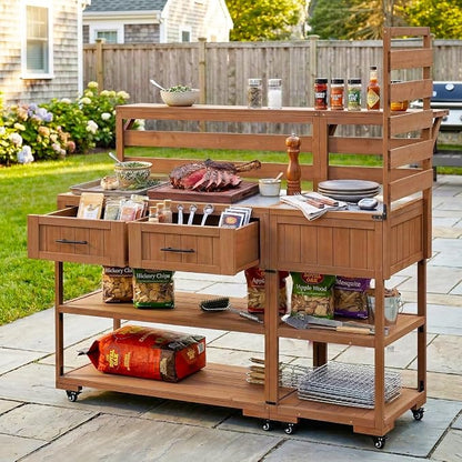 62.3'' Outdoor Kitchen Island with Stainless Steel Top and Raised Shelf, Potting Bench with Drawers and Wheels, Grill Prep Table for BBQ, Patio, Party (Brown)
