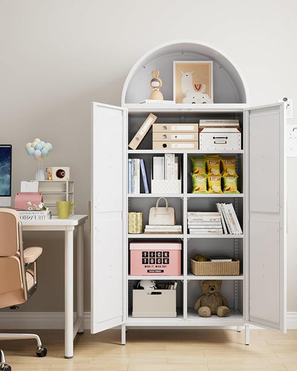 White Metal Arched Pantry Cabinet for Kitchen Storage, Tall 2-Door Cupboard with 6 Adjustable Shelves, Magnetic Closure & Anti-Tip Kit, 15.4" D x 30.7" W x 72.8" H, Assembly Required