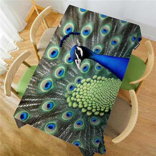 Swono Peacock Table Cloth Rectangle Tables Beautiful Bird Peacock Feathers Kitchen Table Cover Oblong 52"X70" Tablecloth for Dining Table Buffet Parties Patio and Camping, Green