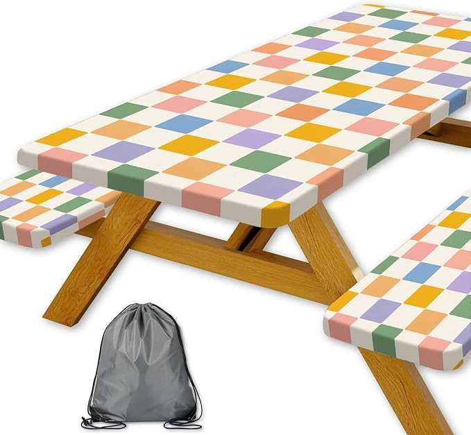 Picnic Table Cover with Bench Covers Elastic Edges | Colorful Checkered Fitted Table Cover, 30x96 Inch 3PCS Outdoor Patio Camping Essentials, Waterproof Camping Fitted Tablecloth