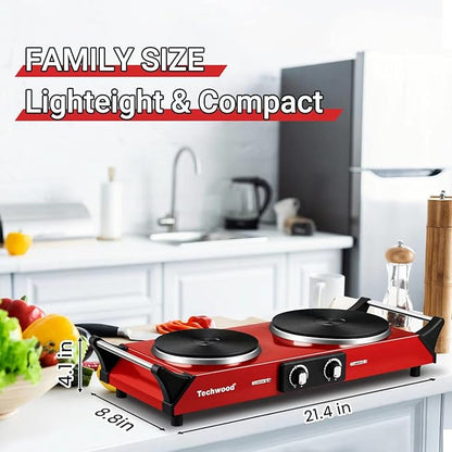 Hot Plate, Techwood 1800W Portable Electric Stove for Cooking Countertop Dual Burner with Adjustable Temperature & Stay Cool Handles, 7.5” Cooktop for Home/RV/Camp, Compatible for All Cookware, Red