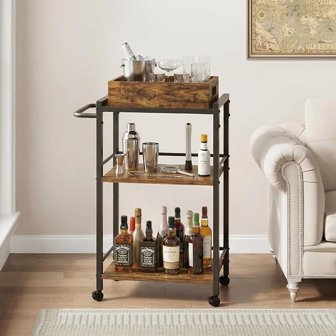 3-Tier Rolling Bar Cart with Removable Tray for Home Kitchen | Rolling Wheels with Handle, 3-Tier Storage, Removable Serving Tray, Sturdy Frame, Multi-Purpose for Kitchen & Bar Use